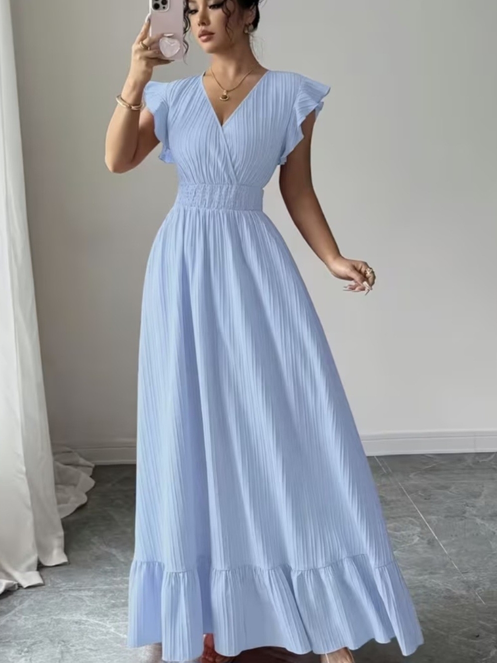 Light Blue V-Neck Maxi Dress with Smocked Waist